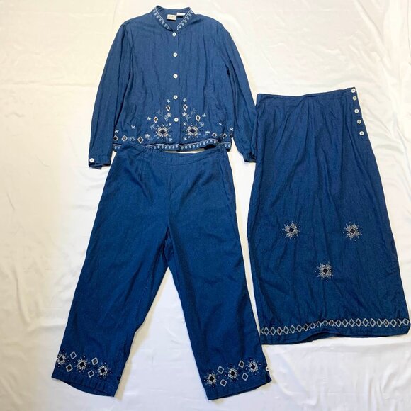 VTG 80s 90s Womens Koret City Blues 3 Piece Shirt Pants Skirt Blue Embroidered - Picture 2 of 13